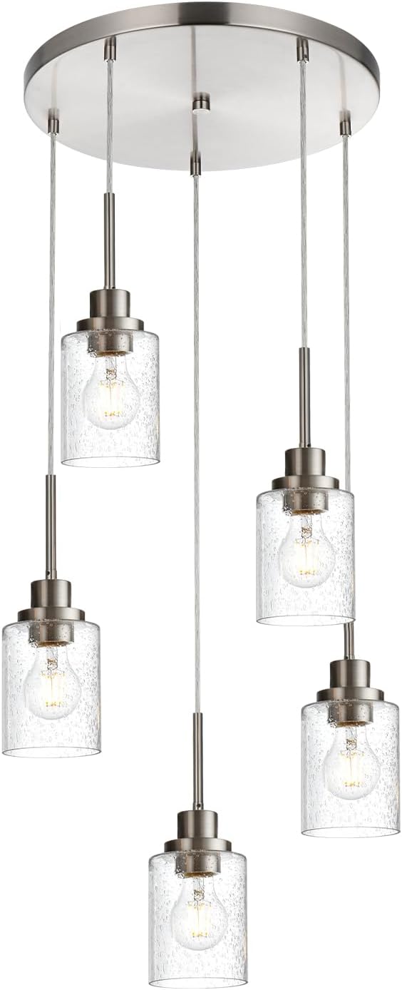 5 Light Farmhouse Pendant Lighting for Kitchen Island,Brushed Nickel Dining Room Cluster Pendant Light Fixtures Hanging Ceiling with Seeded