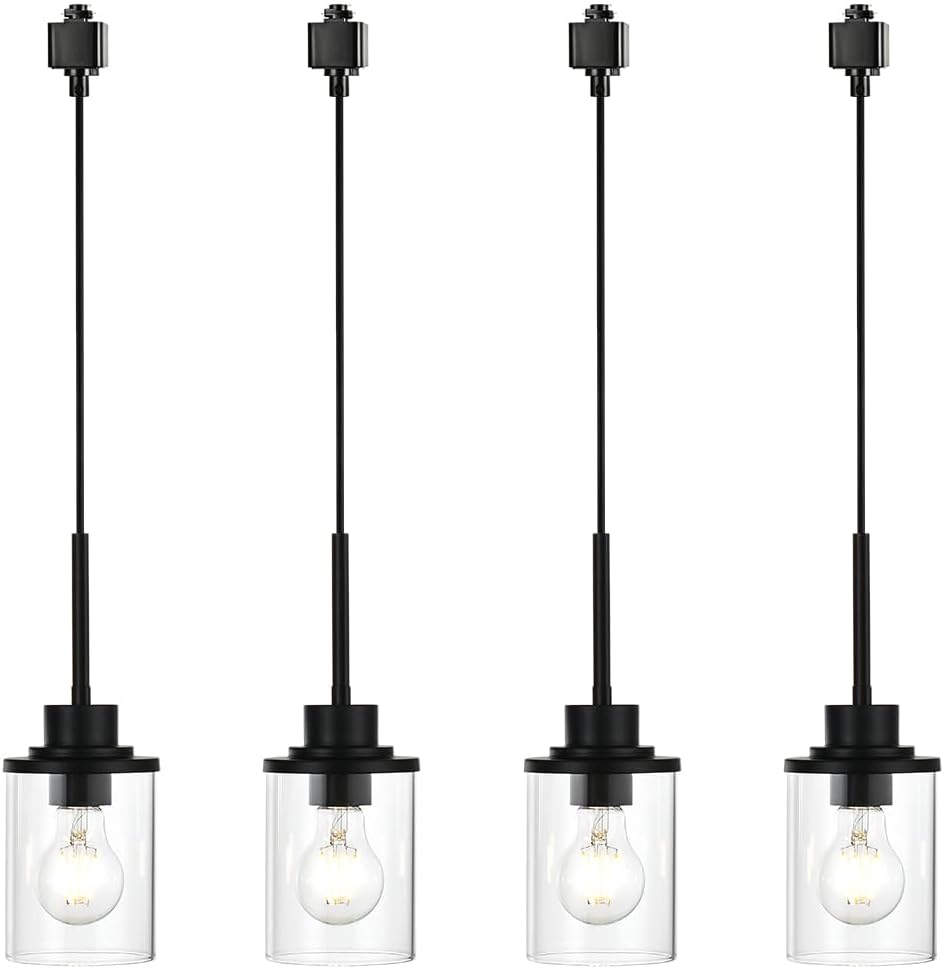 4-Lights H-Type Track Lighting Kitchen Pendant Light Dimmable Black Track Pendant Lighting Fixtures with Clear Glass Shades, Overall Height Approxima