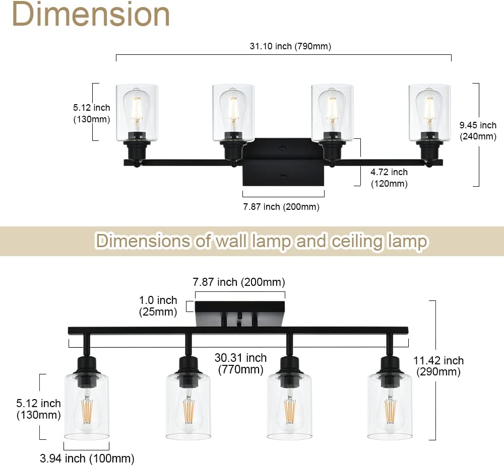 VINLUZ Bathroom Vanity Lighting 4 Light with Clear Glass Shade,Multi-Directional Rotating Metal Ceiling Light Fixture Industrial Spotlight for