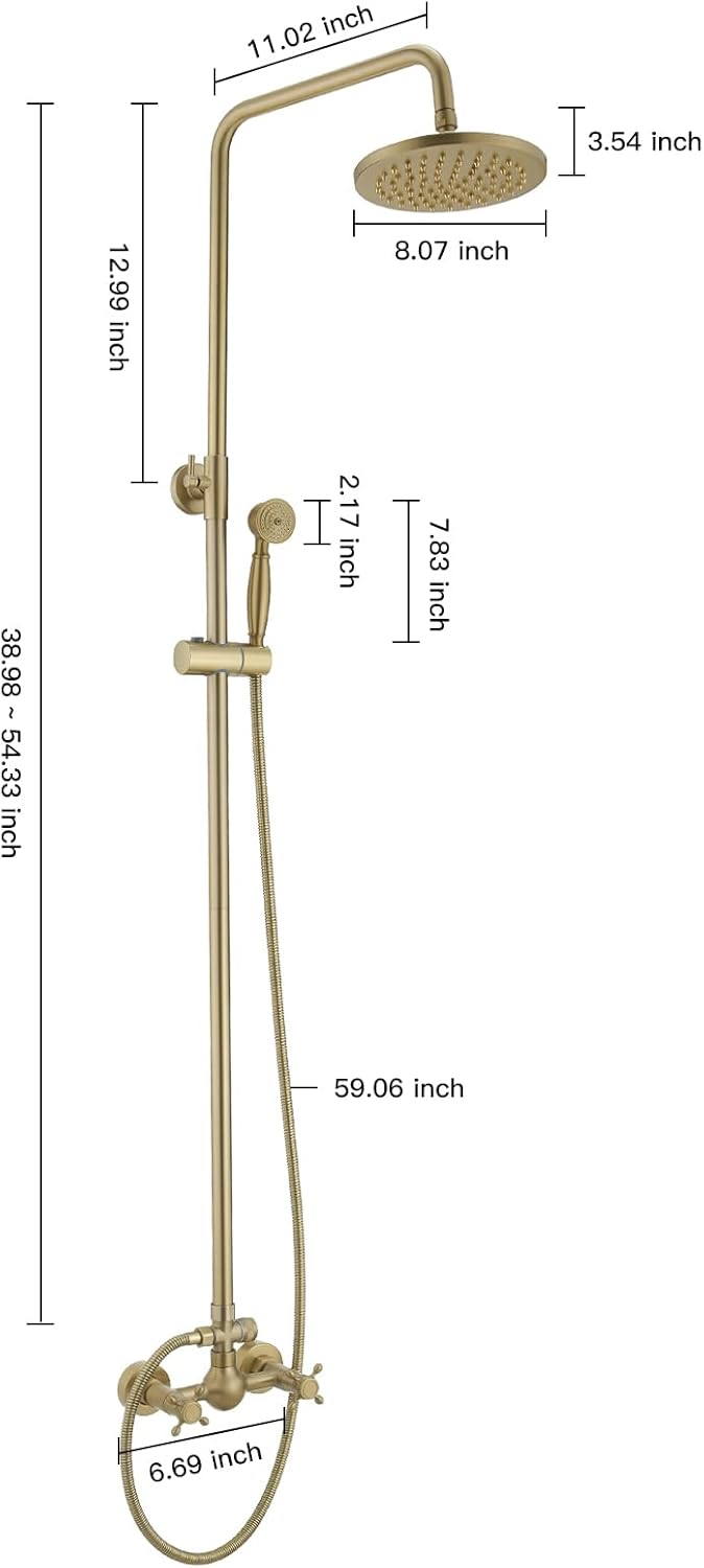 Gold Outdoor Shower Faucet Set, Bathroom Exposed Shower Fixture, High Pressure Rain Shower Head with Hand Spray, Double Knobs Cross Handle Shower,