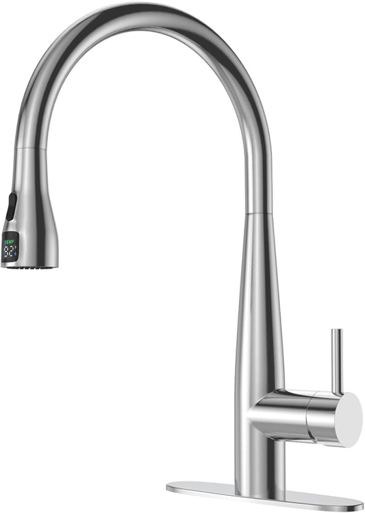 Brushed Nickel Pull Out Kitchen Faucet, Digital Temp Display,18-Inch High Arc,Stainless Steel,Kitchen Sink Faucets wit