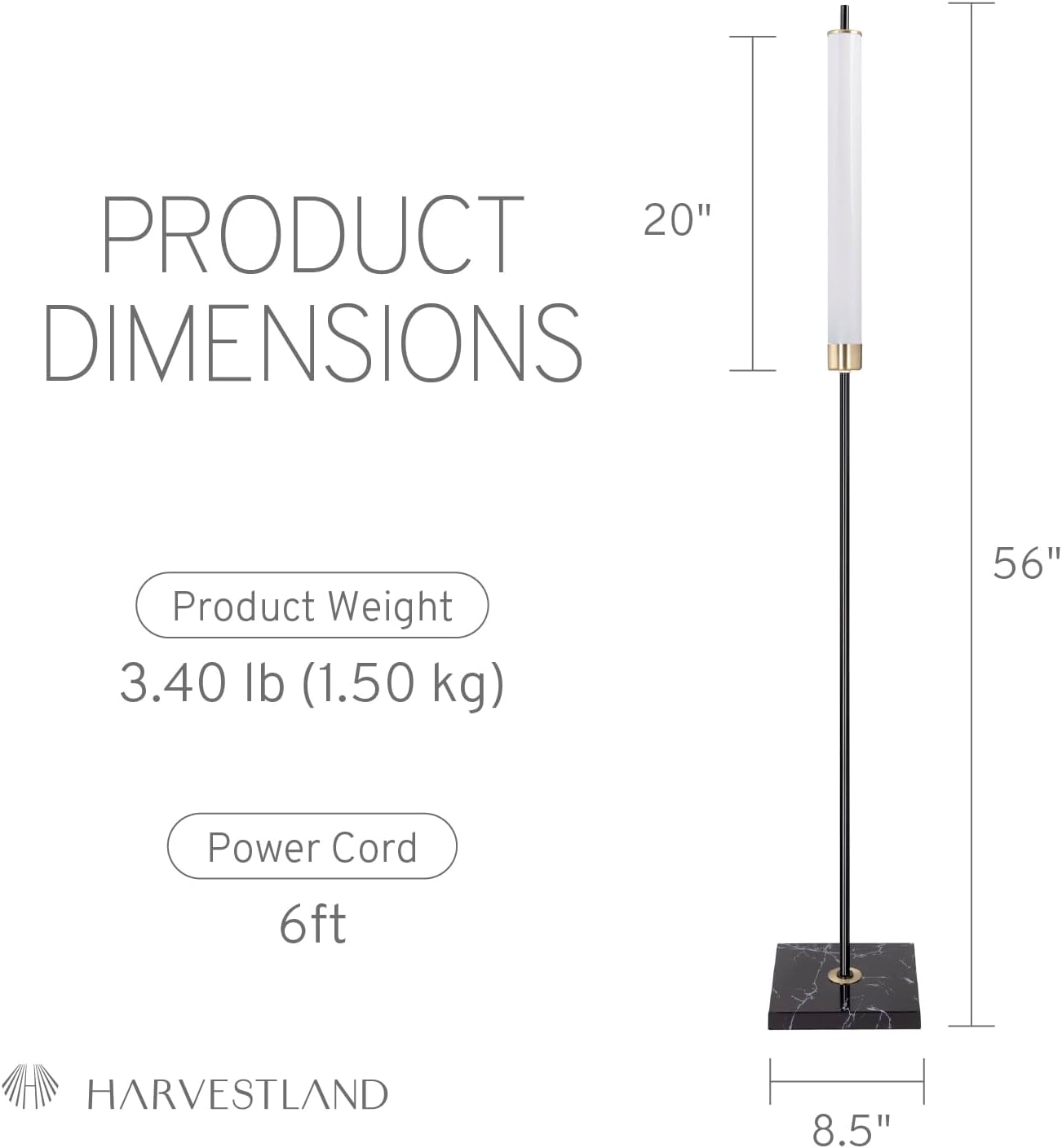 HarvestLand floor lamp, 56" LED standing light 16W 3000K Modern Marble Lamp with 50,000-Hour LED, Black & Brass standing lamp, minimalist lights for bedroom, living room lighting, Office Corner,1 Pack