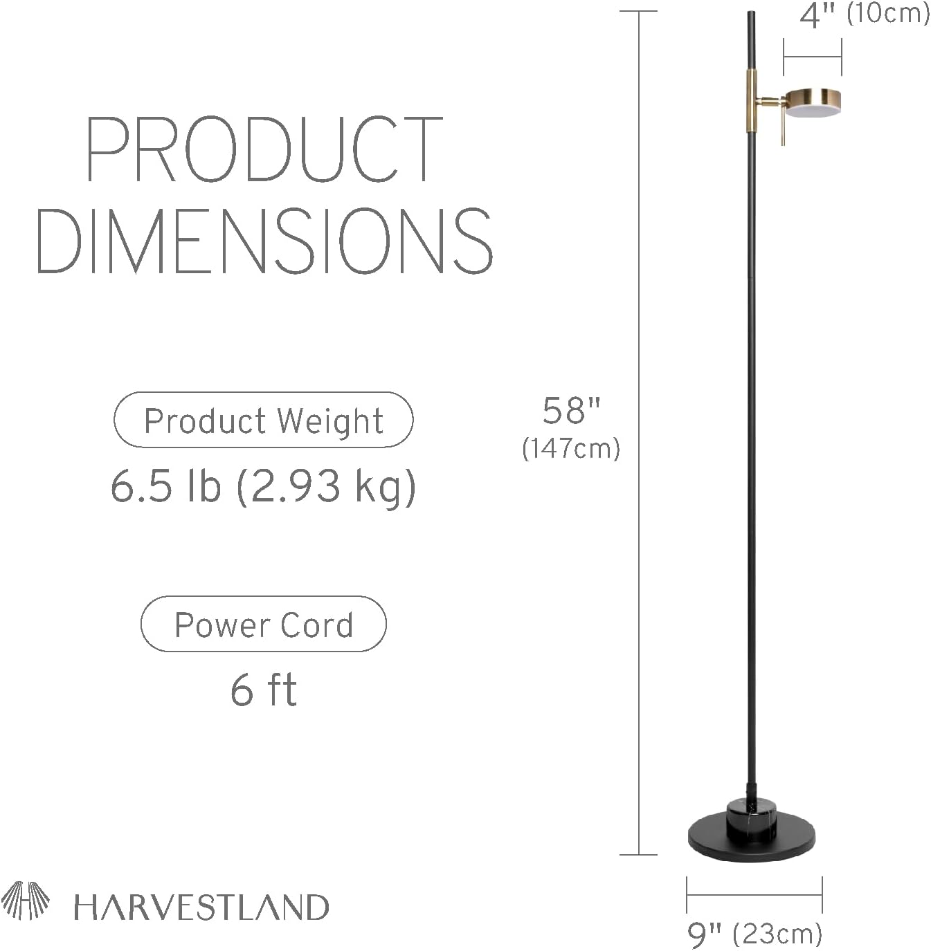 HarvestLand Black Brass Kindle Reading Lamp, Marble-Effect, Adjustable Head | 58'' Standing Reading Lamp, Marble-Look Base, 12W Warm LED Lamp, CRI≥80, LED lamp for Living Room, Bedroom, Office, Reading