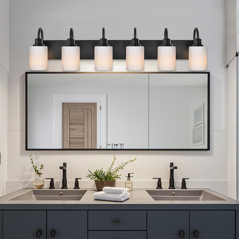 6 Light Wall Lighting Fixture in Matte Black Finish,Classic Bathroom Vanity Light with Opal White Glass Shade Modern Wall Lamp Sconces for Hallway