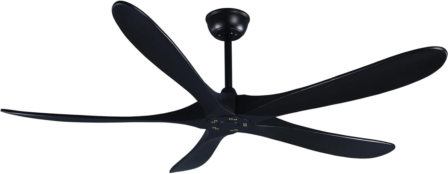 60 Inch Black Ceiling Fan No Light with Remote, 5 Solid Wood Blades, Reversible Noiseless DC Motor, Energy-Efficient Indoor/O