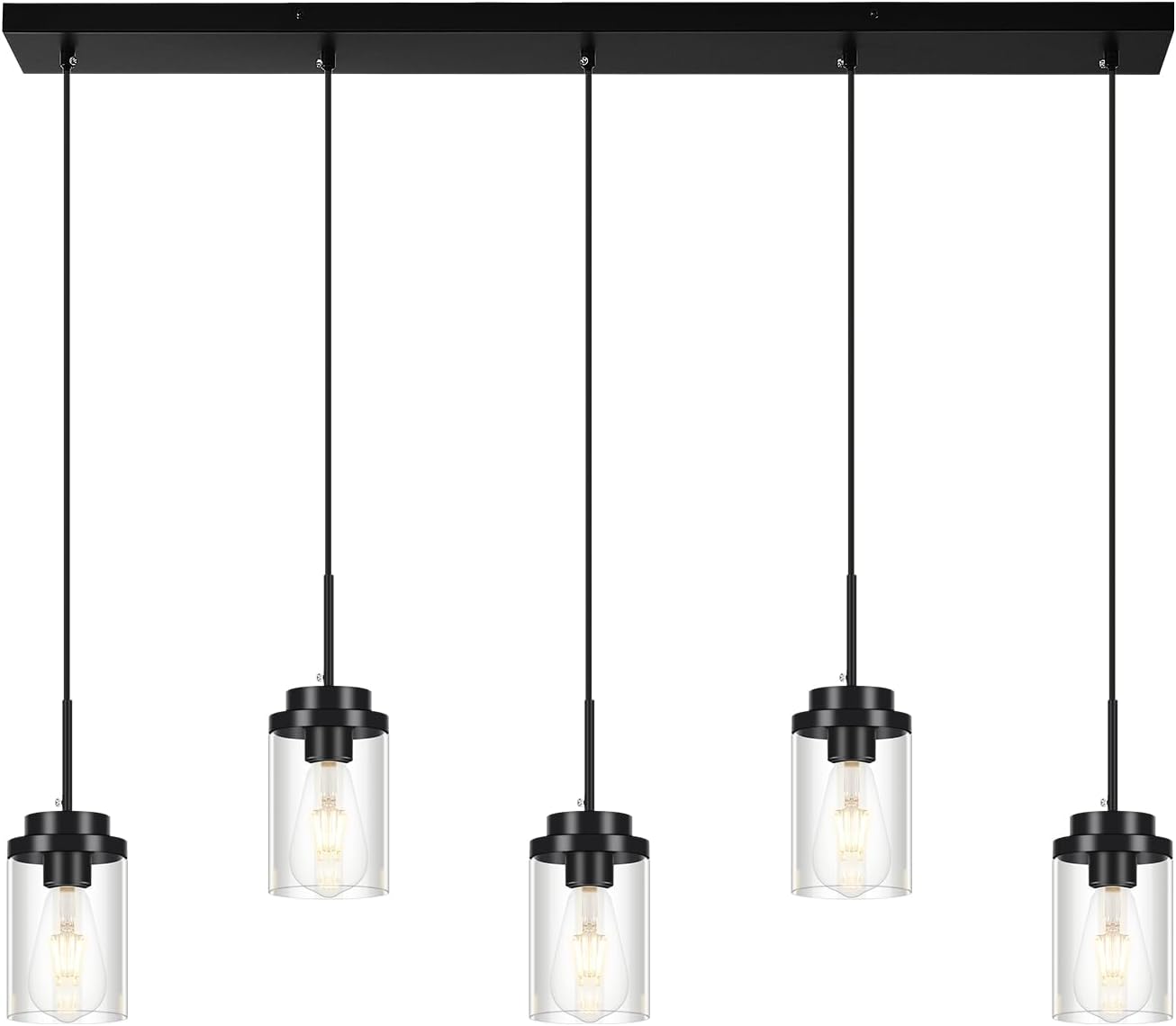 Kitchen Island Lighting Modern 5 Lights Linear Chandeliers Industrial Black Pendant Light Fixtures Ceiling Hanging with Clear Glass Shade for Modern