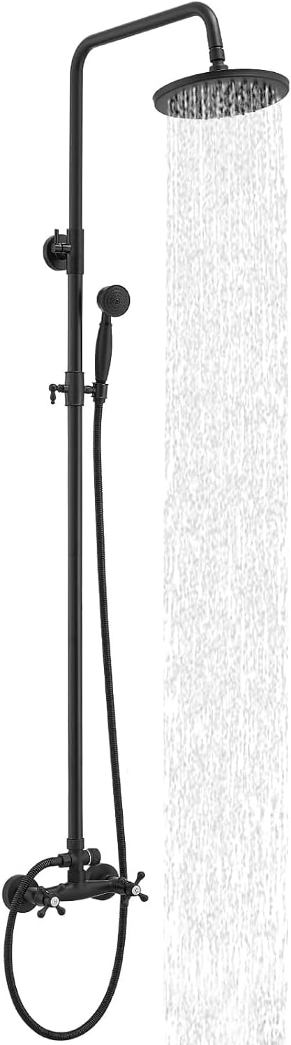 Black Outdoor Shower Feature, Exposed Pipe Shower System Rainfall Outside Shower Set High Pressure SUS304, Wall Mount (Black)