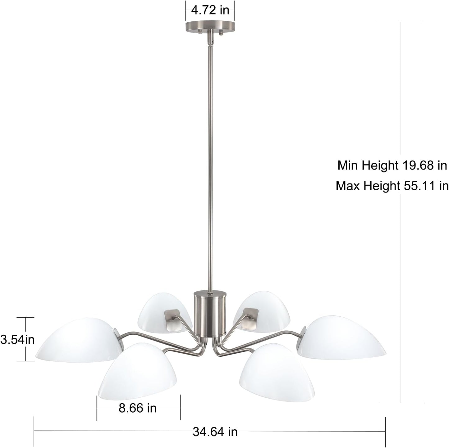 Brushed Nickel Chandeliers with Milk Glass Shades 34.64'; Mid Century Dining Room Chandelier Modern