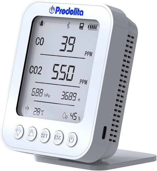 Prodolita Co Detector for Carbon Monoxide, Carbon Dioxide, Barometer, Altimeter, Temperature and Humidity Sensor with Large LCD Screen and Portable