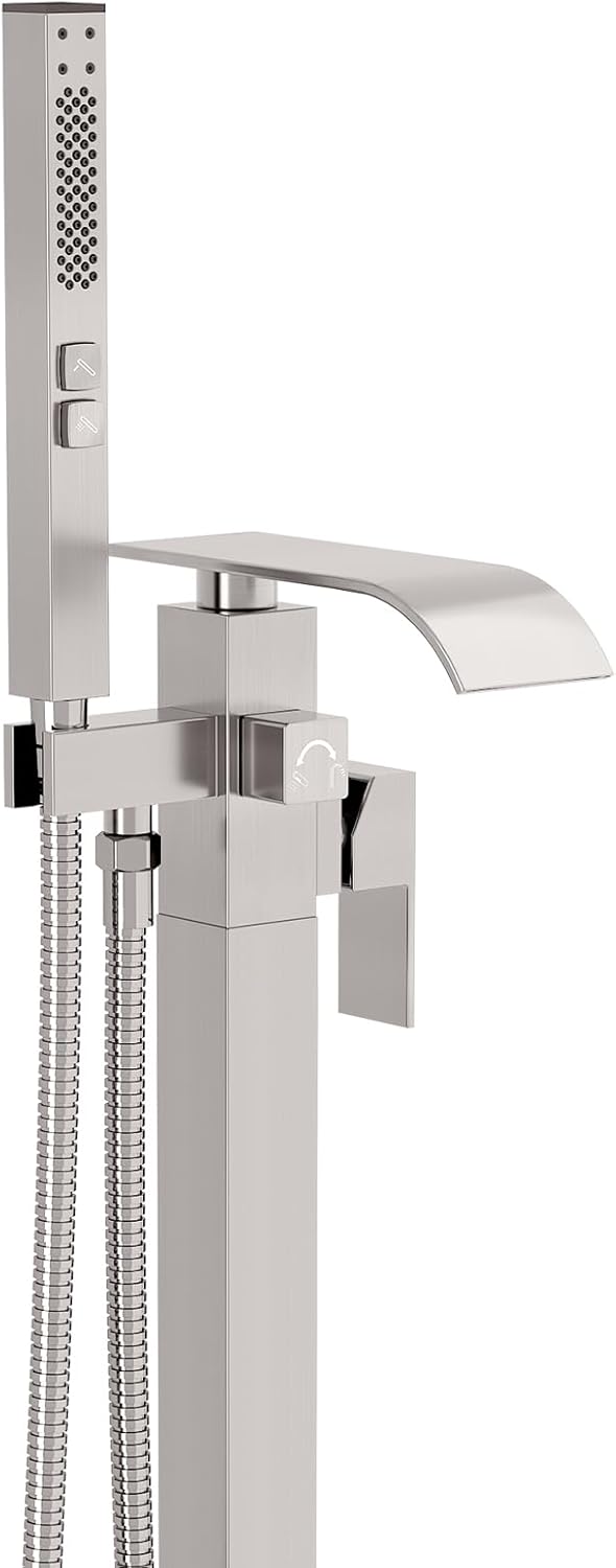 Tub Filler, Freestanding Bathtub Faucet, Brushed Nickel Floor Mount Tub, Faucet Waterfall Free Standing Bathtub Filler, High Flow Brass Bath Shower