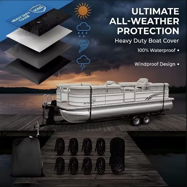 Heavy Duty 900D PU Pontoon Boat Cover, 22'1''-24'2 Trailerable Marine Grade