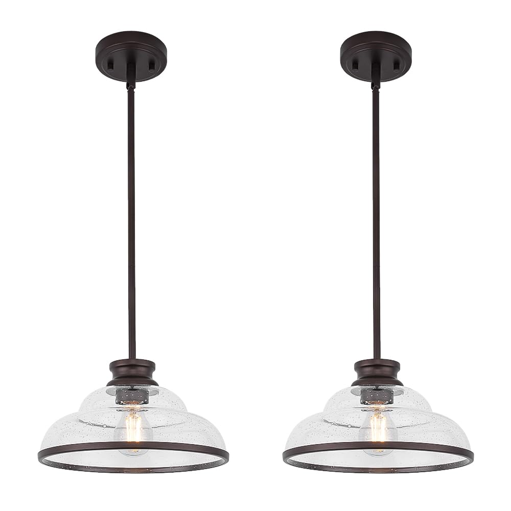 kudos 2 Pack Pendant Lights Kitchen Island, 11" Oil Rubbed Bronze Kitchen Island Lighting with Seeded Glass Shade, Farmhouse Hanging Light Fixture for Kitchen Sink Dining Room Hallways, KDPL14-ORB-2PK