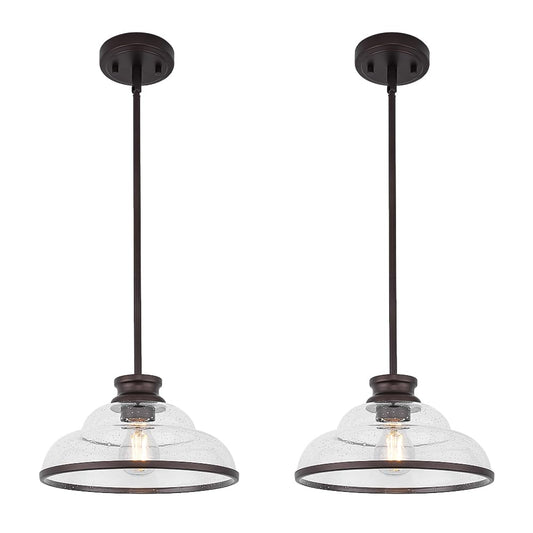 kudos 2 Pack Pendant Lights Kitchen Island, 11" Oil Rubbed Bronze Kitchen Island Lighting with Seeded Glass Shade, Farmhouse Hanging Light Fixture for Kitchen Sink Dining Room Hallways, KDPL14-ORB-2PK