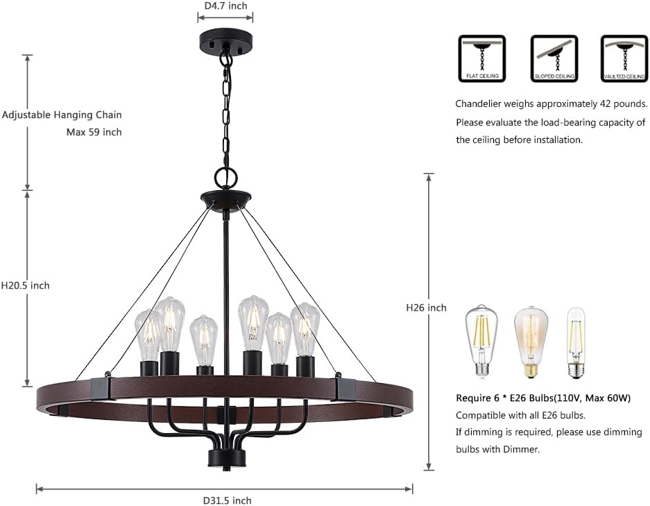 LIZZTREE 6-Light Large Farmhouse Chandelier D31.4'', Wagon Wheel Chandelier Rustic Country Style Round Pendant Light Fixture for Dining Room, Kitchen