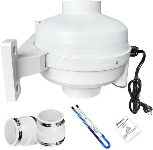 4 to 3 inch Radon Mitigation System Kit - 2 Speed Radon Fan 240CFM | 168CFM with Rubber Couplings and Air Pressure Indicator, Quiet and Energy Efficient, Fits 3” Piping