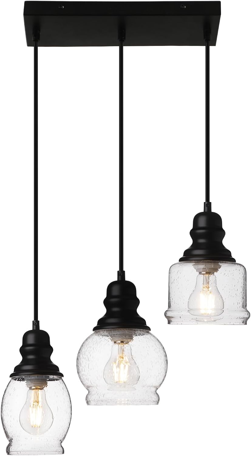 Industrial Pendant Lighting, Pendant Lights for Kitchen Island 3 Light Glass Pendant Light Fixture with Seeded Glass Shade, Adjustable Cord Farmhouse