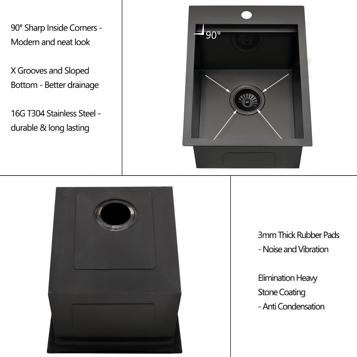 15 Black Kitchen Bar Sink, Luckyhorse 15 x 20 x 10 Gunmetal Black Stainless Steel Drop In Workstation Nano Black Kitchen Sink Outdoor Sink LH022S1520B