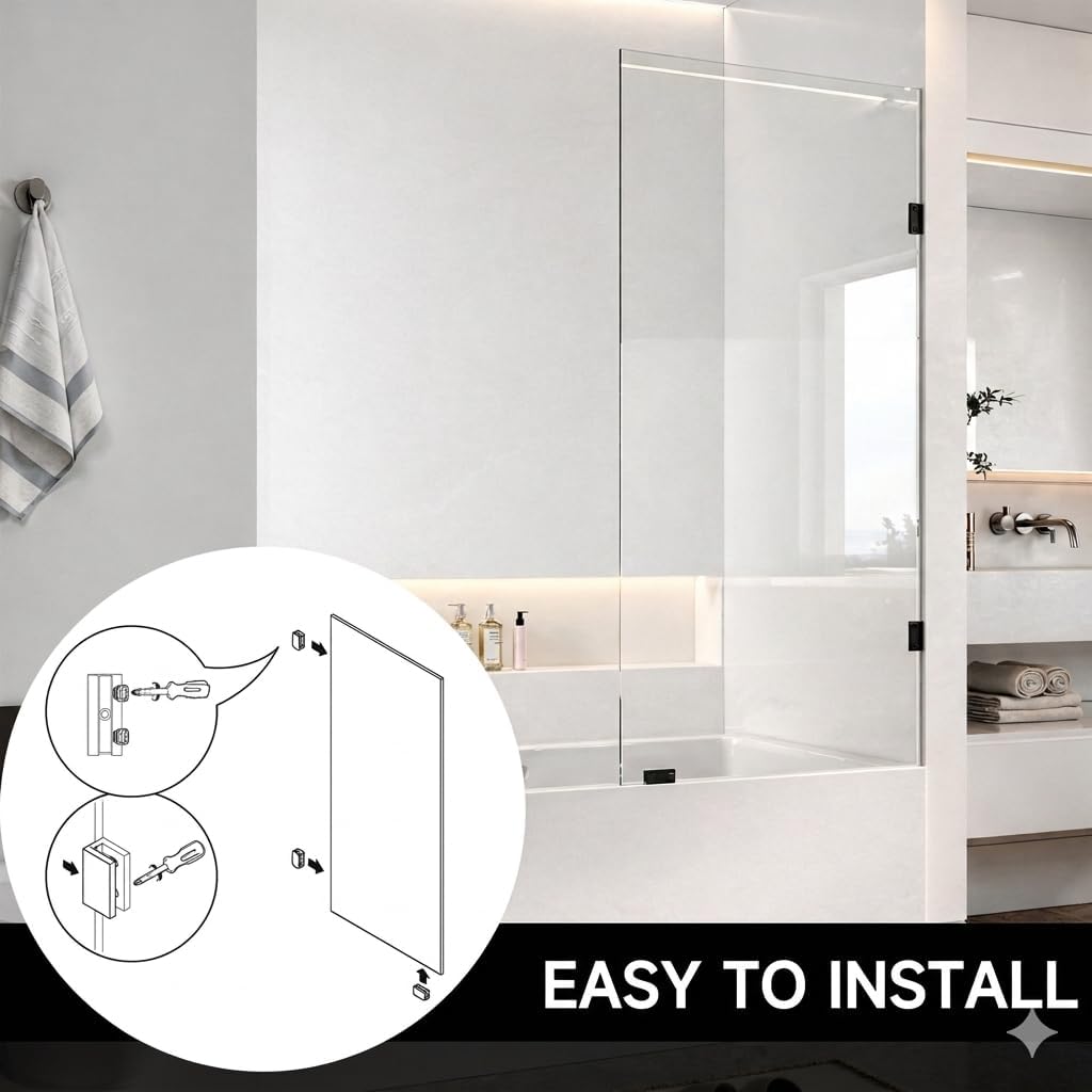 26" W x 52" H Frameless Shower Glass Panel,Single Fixed Bathtub Shower Door | with 1/4"(6mm) SGCC Tempered Glass, Bathtub Glass Panel with Explosion-Proof Film in Matte Black Matte Black 26"W x 52"H