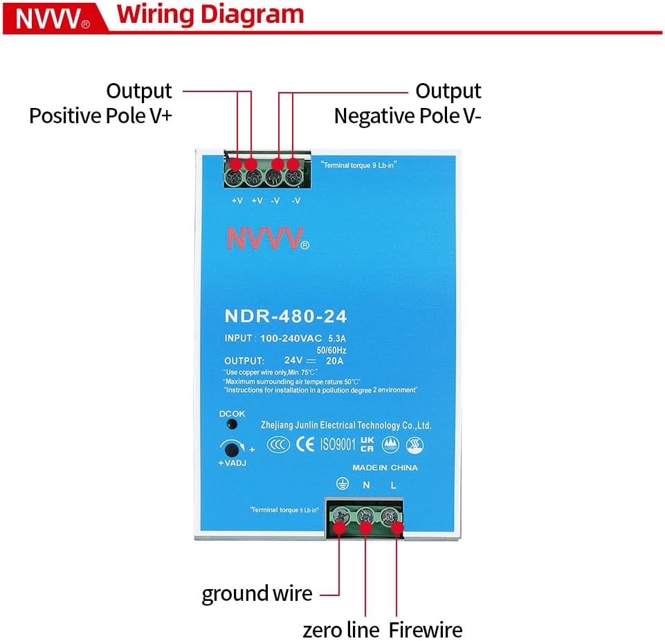 NDR-480-24 24VDC 20 Amp 480W Industrial DIN Rail Power Supply Built-in Active PFC Function Silver+Blue