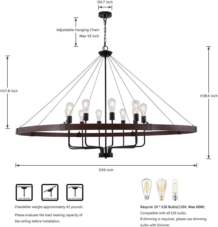 LIZZTREE 10-Light Large Farmhouse Chandelier D59'', Wagon Wheel Chandelier Rustic Country Style Round Pendant Light Fixture for Dining Room, Kitchen