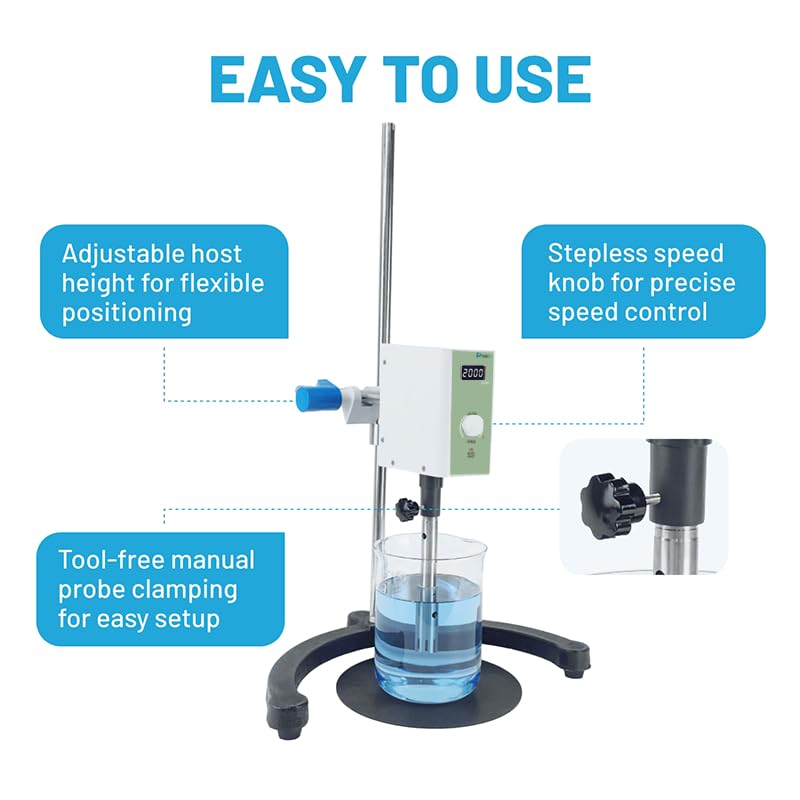 High Speed Lab Homogenizer 2000–20000rpm, Digital Disperser Emulsifier, 20–1200mL, Max 5000mPa·s (Low–Medium Viscosity Only), Auto Overload Protection