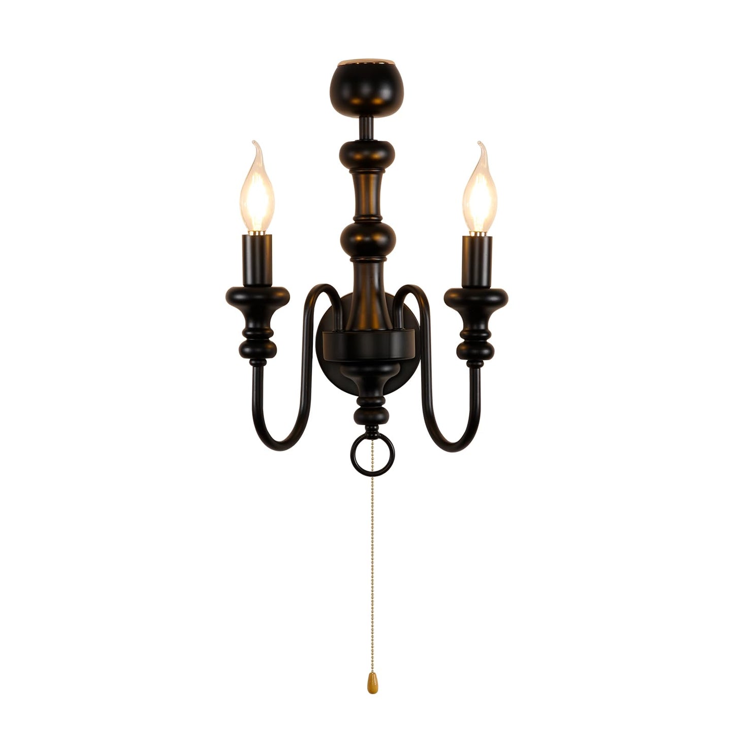 Matte Black Iron Double-Arm Wall Sconce, Retro Farmhouse Hardwired Lamp with Scented Candle Tray & Pull Switch for Home Decor (Candles Not Included)