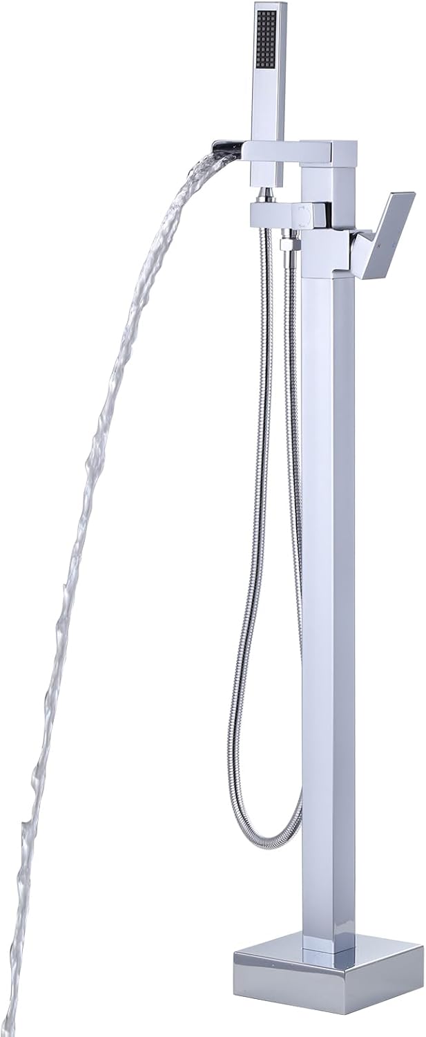 Free Standing Tub Faucet Chrome: Freestanding Tub Filler, Brass Made Floor Mount Bathtub Faucet, High Flow Max 6.