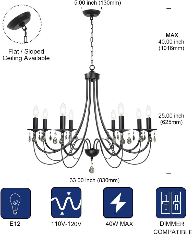 TODOLUZ 8-Lights Farmhouse Candle Chandeliers, Black Dining Room Pendant Lighting Over Table Ceiling Light Fixtures Hanging for Kitchen Island Foyer