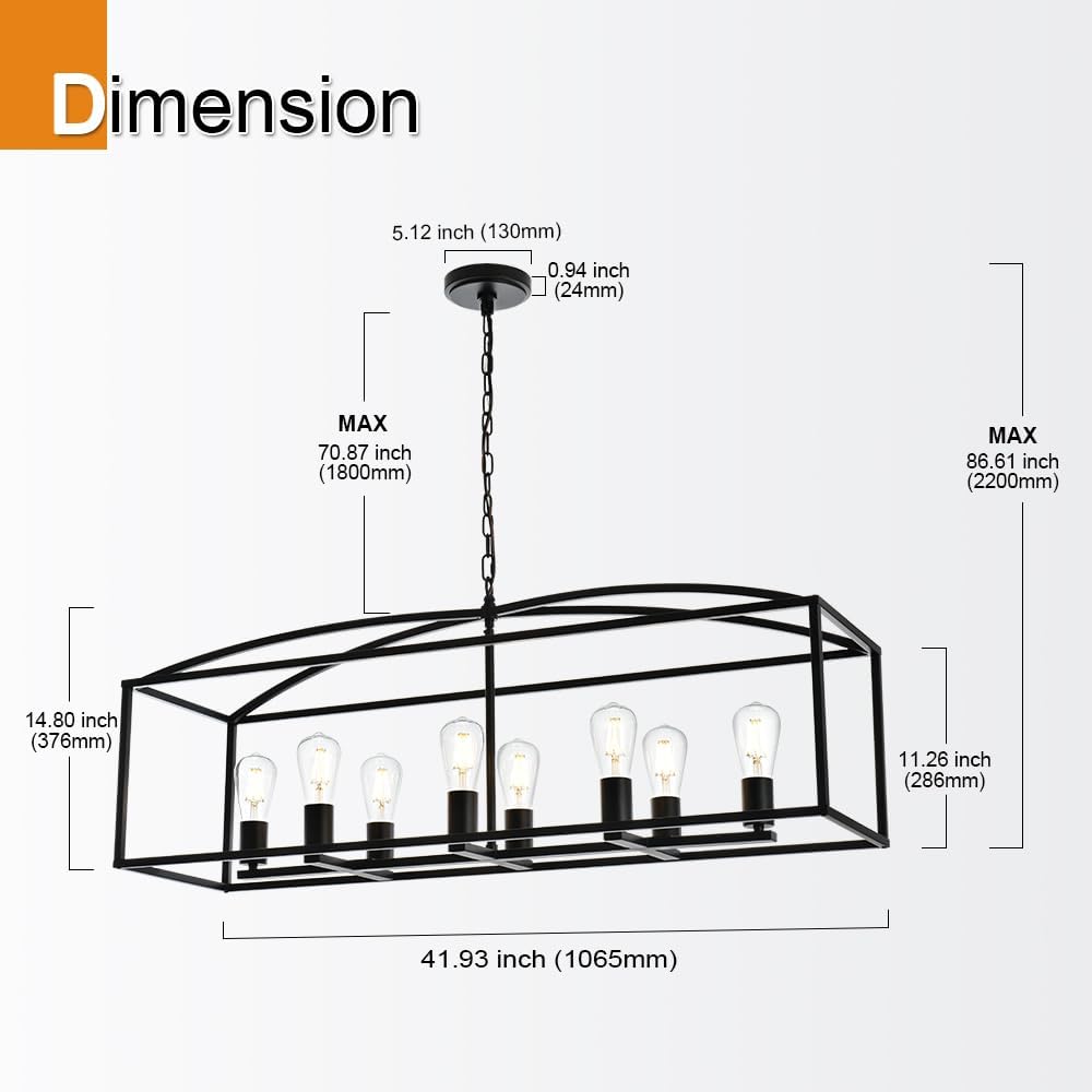 MELUXEM Kitchen Island Lighting 8 Light Farmhouse Chandelier Dining Room Light Fixture Black Modern Industrial Hanging Lighting for Kitchen Hallway