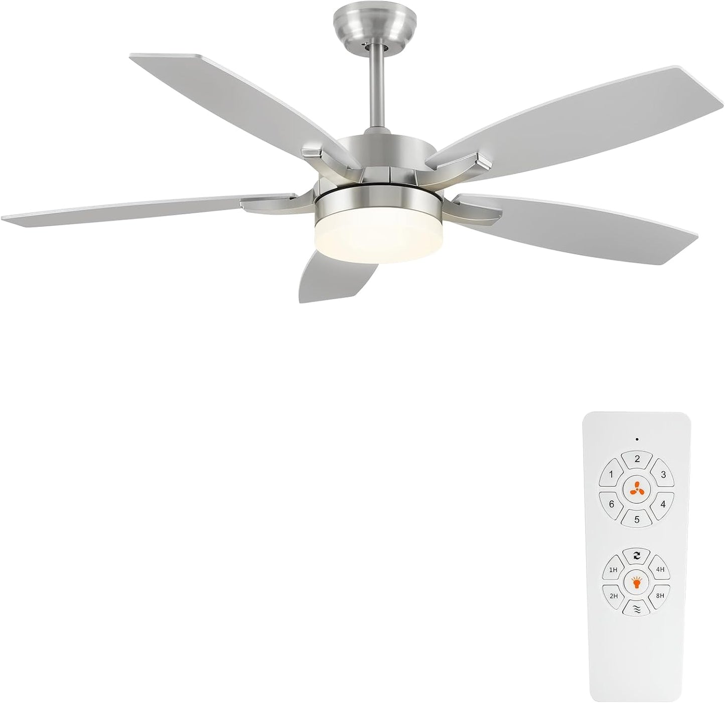 Ceiling Fans with Lights, 52 Inch Silver Ceiling Light with Fan and Remote Control, Quiet 5 Blades 4 Timer 6 Speeds