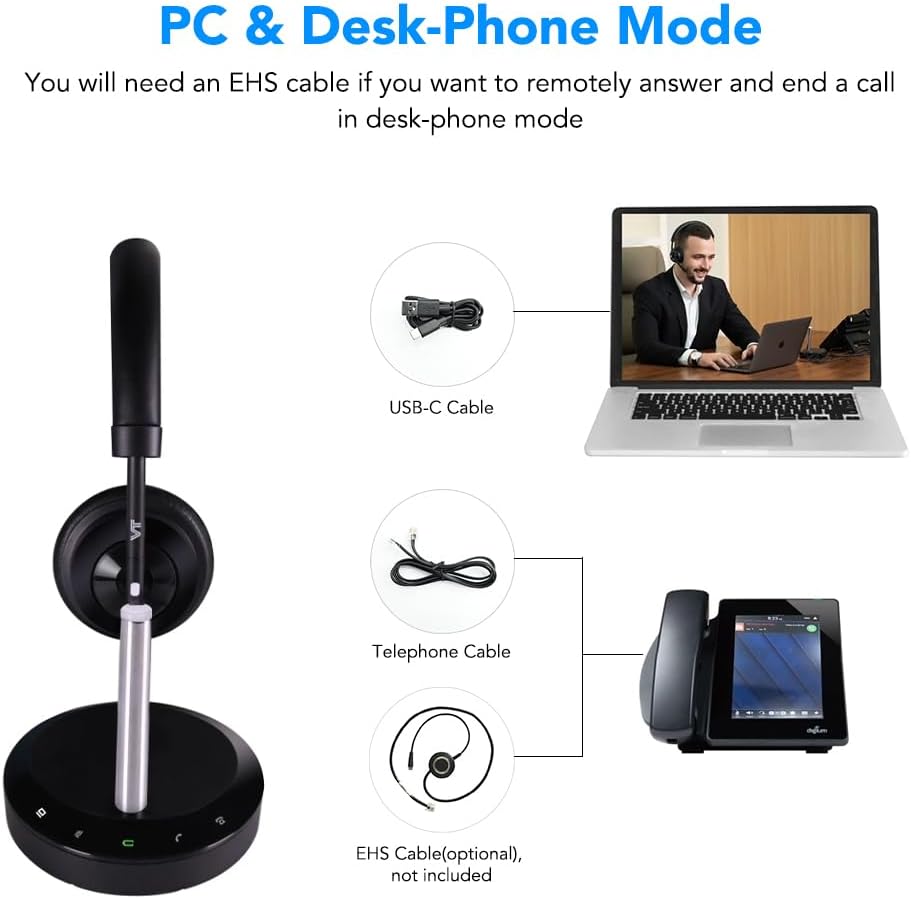 VT UC Dect Wireless-Headset with Noise-Cancelling-Microphone - Work with Desk Phones,Computers&Softphones(Mono)