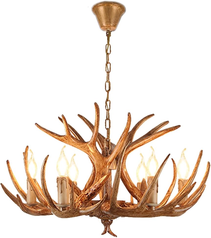 Hubrin Farmhouse Antler Chandelier Lighting 6-Light, Brown Vintage Deer Antler Chandelier, Rustic Resin Antler Light Fixtures for Living Room Dining