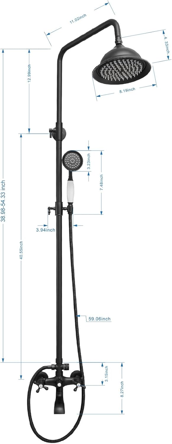 Bathfinesse Outdoor Shower Faucet Set, Exposed Pipe Shower with 3 Function Adjustable Shower Head Hand Spray and Tub Spout, Double Knobs Cross Handle