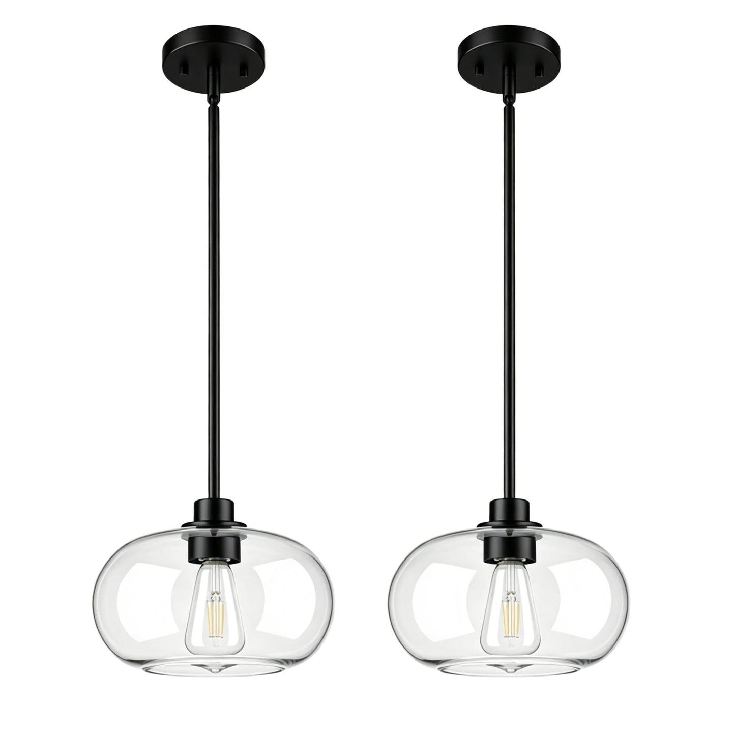 2-Pack Pendant Lights Kitchen Island, Matte Black, IN-Pl02-BK-2PK | 10-Inch Dia Kitchen Island Pendant Lights Set of 2, Round-Shaped Design, 42-Inch Adjustable Downrods, E26 Sockets; Hardwired.