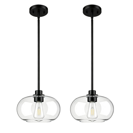 2-Pack Pendant Lights Kitchen Island, Matte Black, IN-Pl02-BK-2PK | 10-Inch Dia Kitchen Island Pendant Lights Set of 2, Round-Shaped Design, 42-Inch Adjustable Downrods, E26 Sockets; Hardwired.