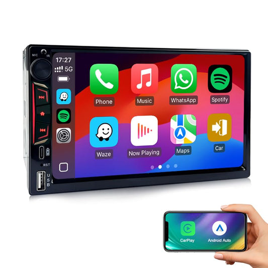 Double Din Car Stereo with 7" HD Touchscreen Wireless Carplay & Android Auto, Bluetooth,SWC, Subwoofer Output, Mirror Link, FM Radio (7inch Double DIN Radio)