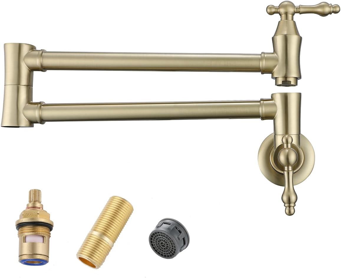 Pot Filler Over Stove Faucet Brushed Gold Wall Mount Brass Kitchen Folding Faucet Double Joint Swing Arms.