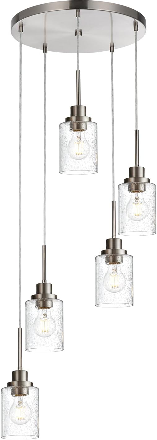 5 Light Farmhouse Pendant Lighting for Kitchen Island,Brushed Nickel Dining Room Cluster Pendant Light Fixtures Hanging Ceiling with Seeded