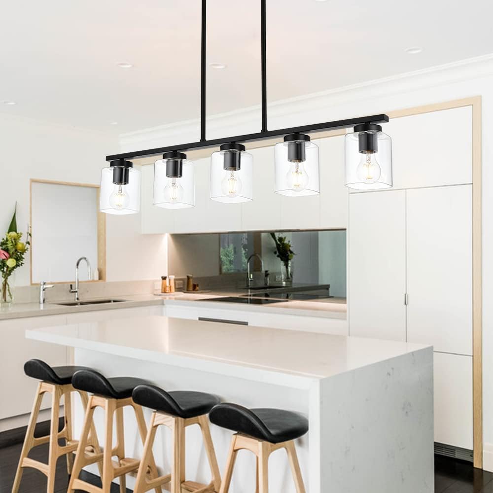 TODOLUZ Black Kitchen Island Pendant Lighting, 5-Lights Farmhouse Hanging Pendant Light Fixtures with Clear Glass Shade for Dining Room Pool Table