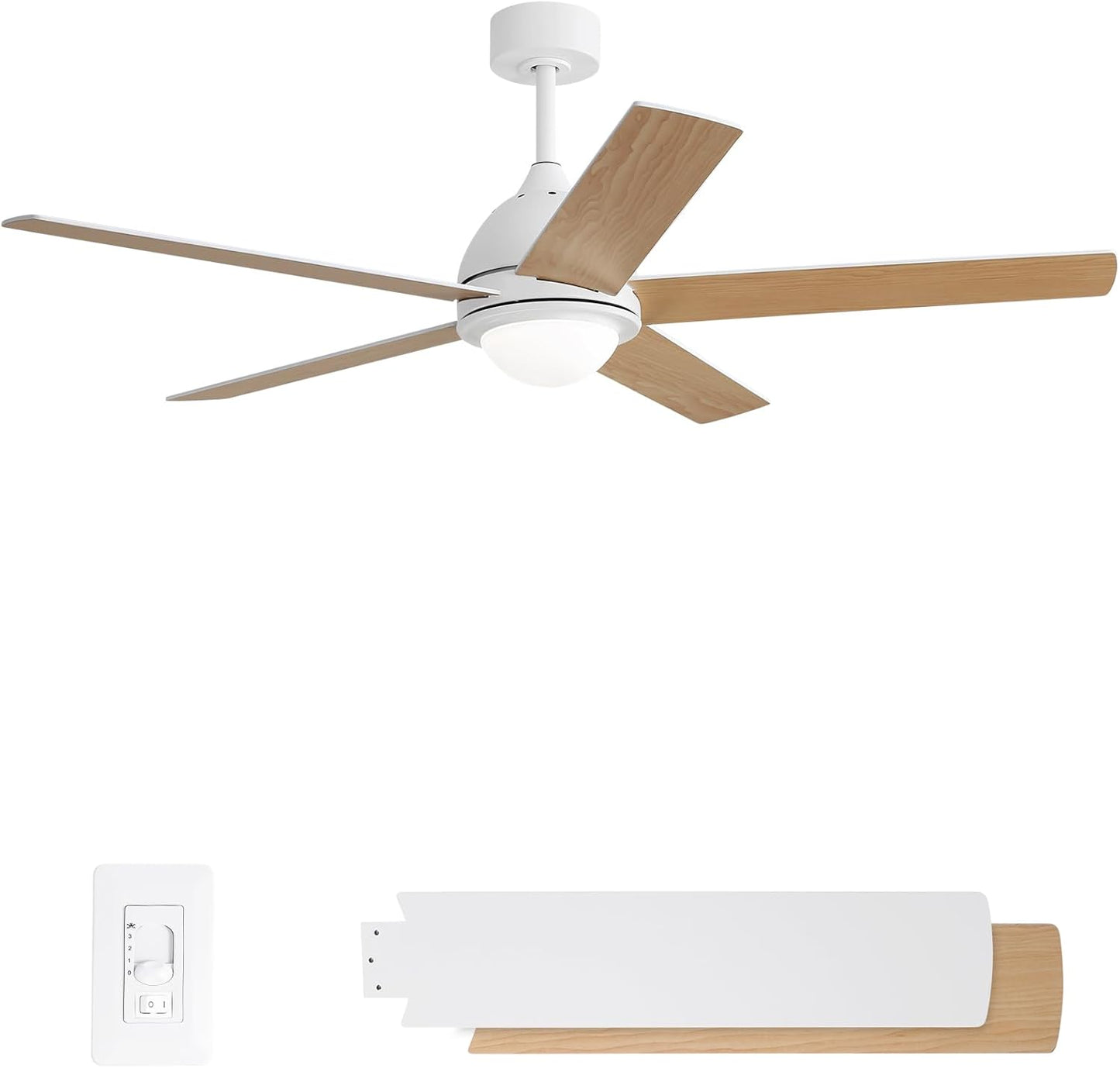 52 Inch Ceiling Fan with Light, Flush Mount Ceiling Fans with Wall Remote, 5 Double-sided Wood Blades, Noiseless AC Motor