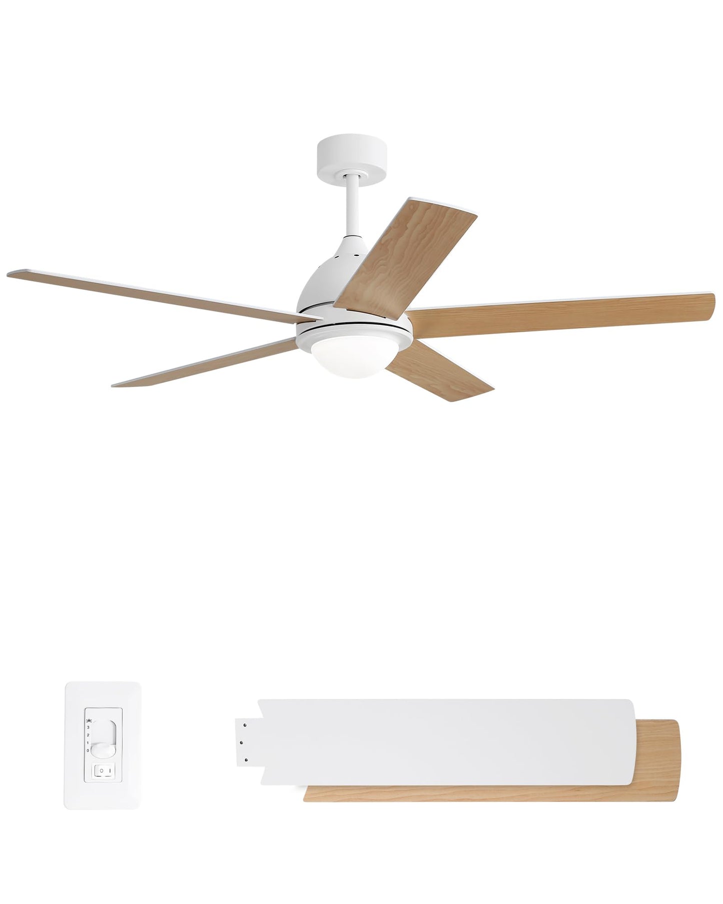 52 Inch Ceiling Fan with Light, Flush Mount Ceiling Fans with Wall Remote, 5 Double-sided Wood Blades, Noiseless AC Motor