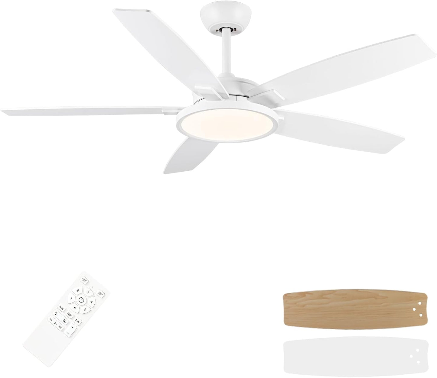 52 inch Ceiling Fan with Light, White Ceiling Fan with Light and Remote, Bedroom Ceiling Fan for Indoor, Outdoor, Living Ro