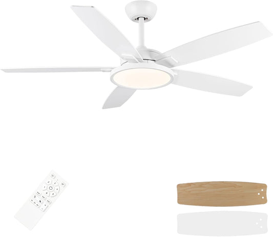 52 inch Ceiling Fan with Light, White Ceiling Fan with Light and Remote, Bedroom Ceiling Fan for Indoor, Outdoor, Living Ro