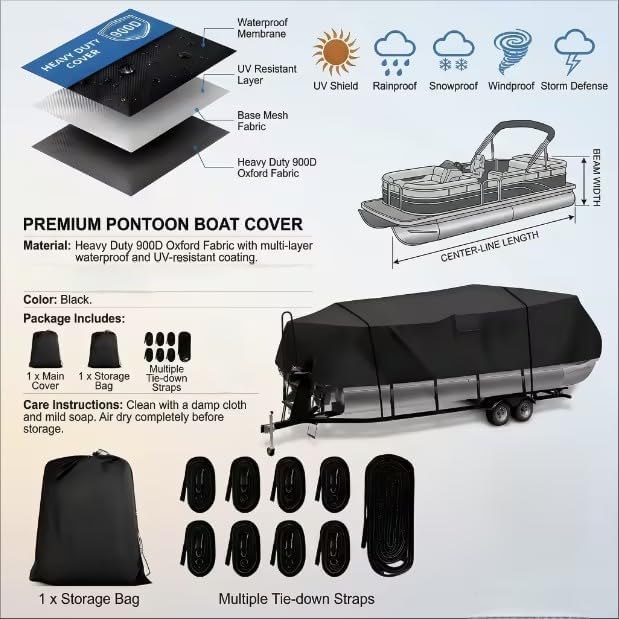 Heavy Duty 900D PU Pontoon Boat Cover, 22'1''-24'2 Trailerable Marine Grade
