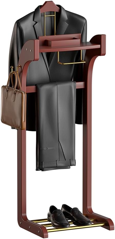 Dkjdssek Suit Valet Stand for Man and Women, Wood Clothing Valet Stand Suit with Contour Hanger, Tray, Trouser Bar, Tie Bar and Shoe Rack, for