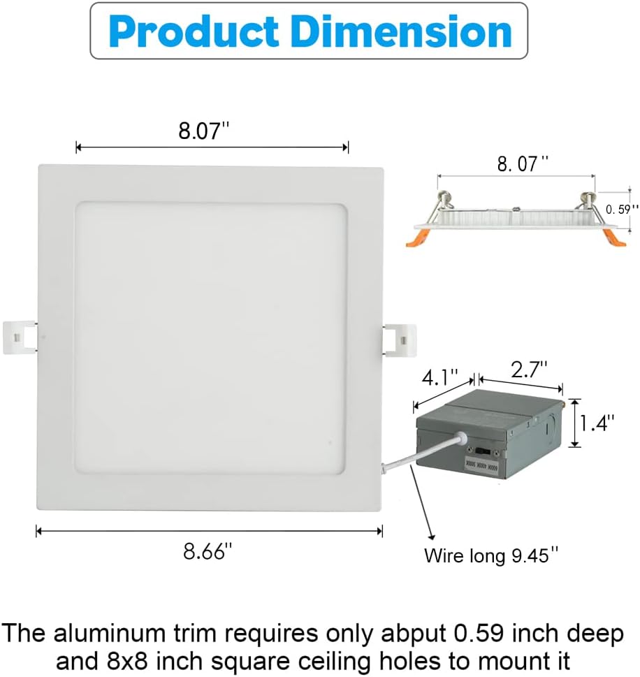 QIBANG 4 Pack 8 Inch Square LED Recessed Lighting Dimmable with Junction Box, 3CCT 3000K-6000K Selectable, Ultra-Thin LED Recessed Downlight Fixtures