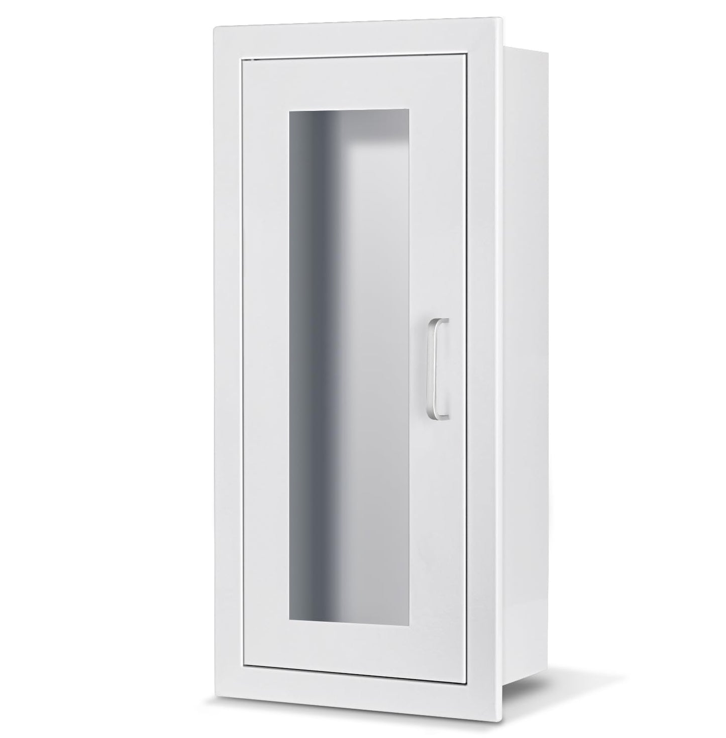 Semi Recessed Fire Extinguisher Cabinet for 5-12 pounds Extinguisher, White Steel Fire Extinguisher Mount with Magnetic Door & Handle for Indoor Outdoor, Wall Cabinet with Full Clear Acrylic Door