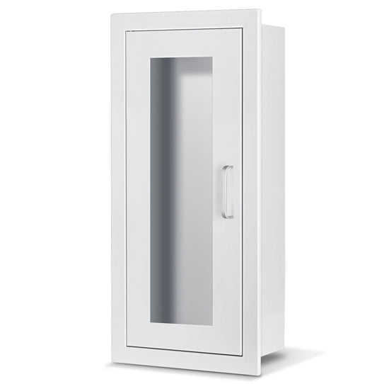 Semi Recessed Fire Extinguisher Cabinet for 5-12 pounds Extinguisher, White Steel Fire Extinguisher Mount with Magnetic Door & Handle for Indoor Outdoor, Wall Cabinet with Full Clear Acrylic Door