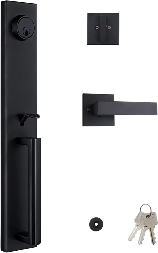 Virego Double Door Handle Set with Dummy, Iron Black Full Escutcheon Double Front Door Handle Set with Key, Heavy Duty Square Door Lever and Single