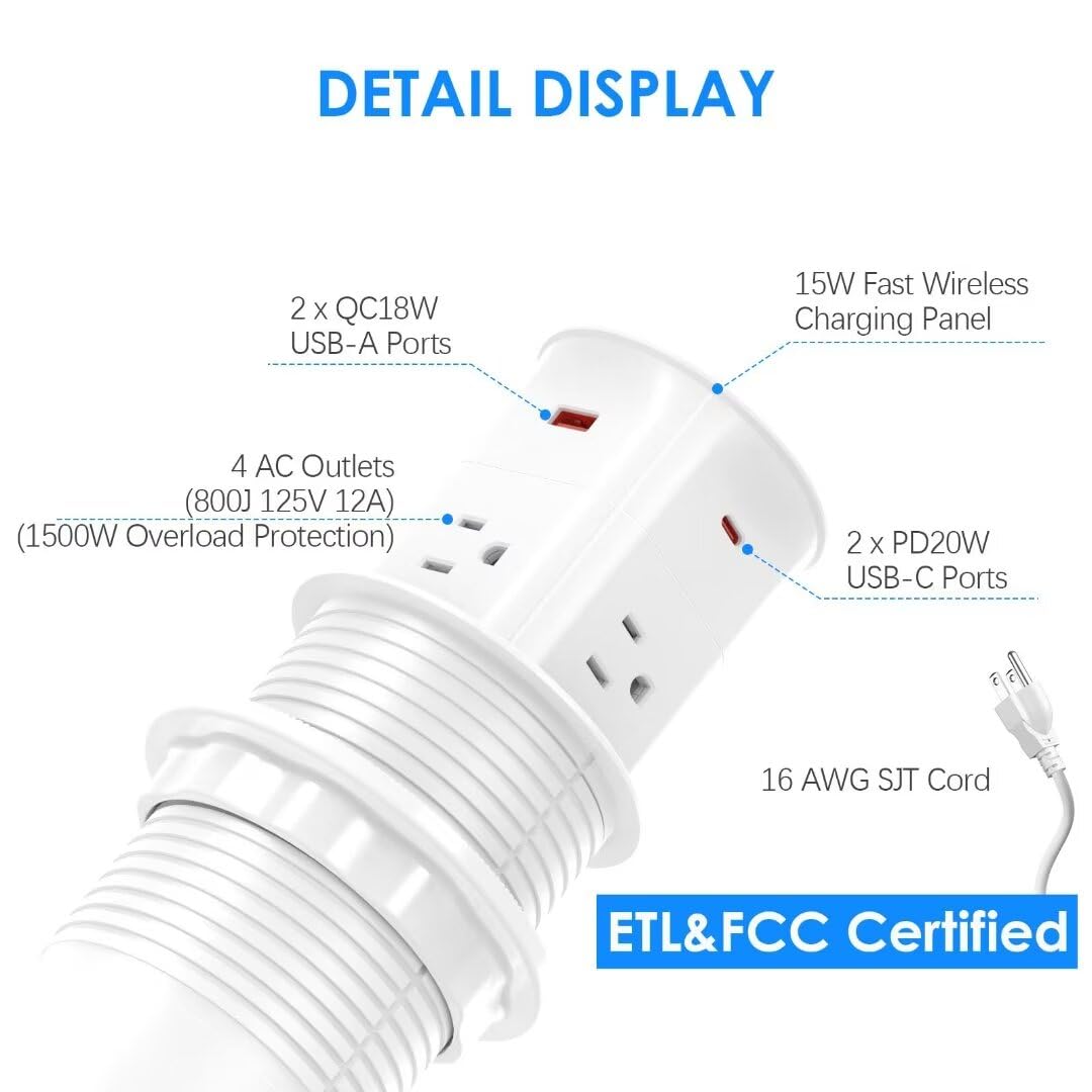 ANNQUAN 3.15&#34; Pop Up Countertop Outlet with 15W Wireless Charger,Max 20W Power Delivery,800J Surge Protection,Pop Up Socket with with 4 USB,10ft